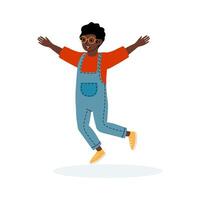 Child joyfully jumping with arms outstretched in a colorful outfit on a bright background vector