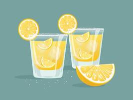 Two shots of tequila with ice and lemon flat illustration vector