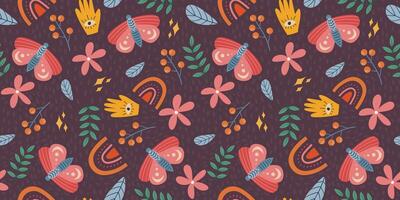 Mystical Seamless Butterfly and Floral Pattern with Hand-Drawn Botanical Motifs, Vibrant Colors, and Magical Elements on a Dark Purple Background Ideal for Fabric, Wallpaper, and Crafts vector