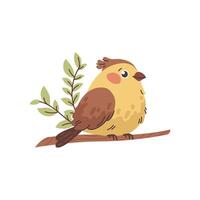 Yellow small bird on branch in flat style. Drawing spring bird, isolated illustration vector