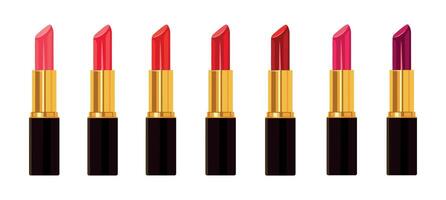 Set of lipsticks with different shades isolated on a white background. Shades of pink, red and fuchsia lipstick in a black tube with gold trim. Set of seven lipstick. vector