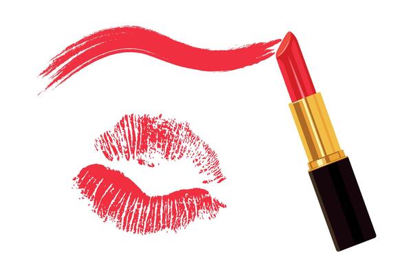 Lipstick with stain and lip print, kiss isolated on white background. An open tube of red lipstick. Logo. Banner. Design of a cosmetic product.
