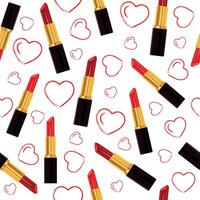 Seamless pattern with red lipsticks and hearts isolated on a white background. vector