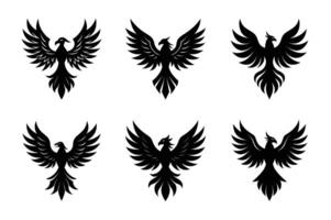 Phoenix Silhouette Set Majestic Firebird Designs with Spread Wings, Perfect for Logos, Tattoos, Emblems, T-Shirts, Stickers, Branding, Sublimation, and Graphic Design Projects vector