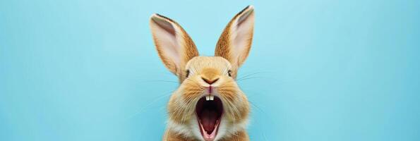 Joyful rabbit with long ears raised high and wide open mouth, appearing to cheer or laugh against a light background, expressing humor, delight, or excitement. Easter concept. Banner with copy space. photo