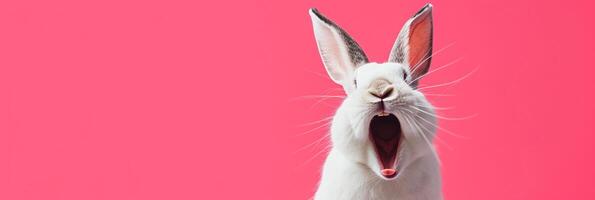 Joyful rabbit with long ears raised high and wide open mouth, appearing to cheer or laugh against a pink background, expressing humor, delight, or excitement. Easter concept. Banner with copy space. photo