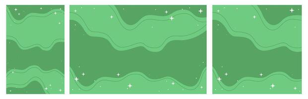 Stylized Magic Green Sky with Flowing Wavy Patterns and Shining Stars. Set of Wide, Square and Vertical Formats vector