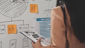 A woman is looking at a whiteboard with a list of hr tasks video