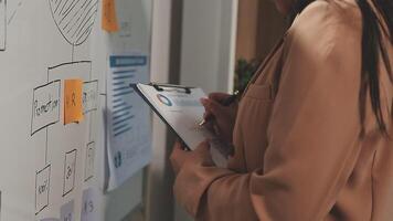 A woman in a business suit is writing on a whiteboard video