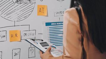 A woman in a business suit is looking at a whiteboard with a list of hr tasks video