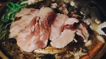 A bowl of soup with meat and vegetables in it video