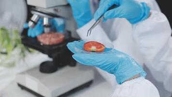 Scientists in lab coats holding up a tomato video