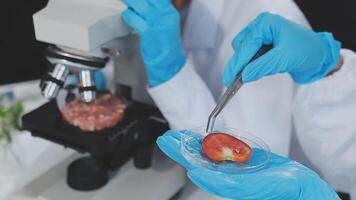 A person in a lab coat is holding a tomato video