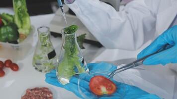 A person in a lab coat is holding a glass with a tomato and a green leaf video