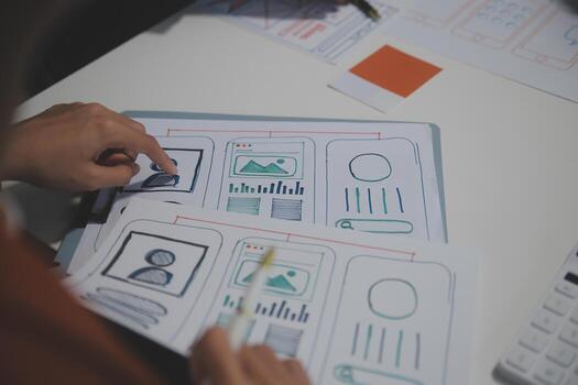 A person is working on a whiteboard with a paper with diagrams photo