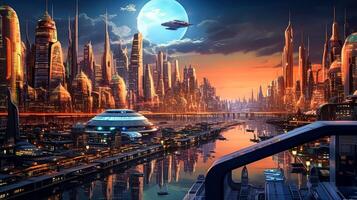 A cityscape with a large dome in the middle and a bridge over a river. photo