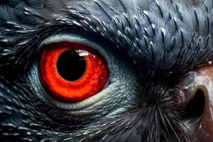 A close up of a bird's eye with a red iris. photo