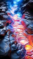 A lava flow is depicted in a space scene with a large planet in the background. photo