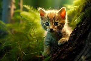 A kitten is sitting on a log in the woods. photo