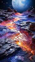 A lava flow is depicted in a space scene with a large planet in the background photo
