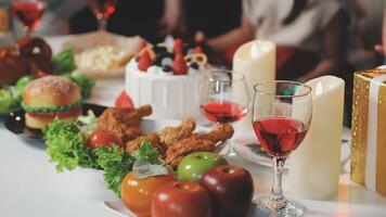 A table with food and wine on it video