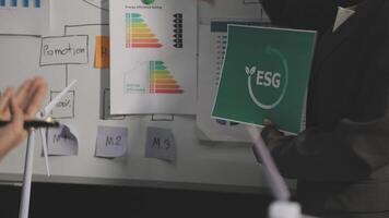 A man and woman are standing in front of a whiteboard with a green sign on it video