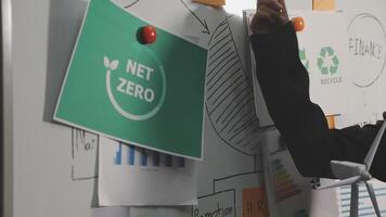 A man in a black jacket is holding a whiteboard with net zero on it video
