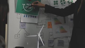 A man in a suit points to a whiteboard with a green energy diagram video