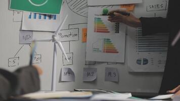 Business people working on a whiteboard with a wind turbine video