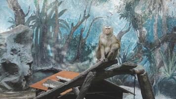 A monkey sitting on a wooden platform in front of a painting video
