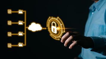 man touch screen to manage data,Document Management System ,knowledge and documentation in enterprise with ERP.online documentation database and process automation to efficiently manage files. photo