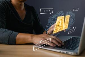 Digital Artificial Intelligence technology disruption concept. man touch command prompt ai chat bot. Big data storage.use AI to generate management service technology support in the business. photo