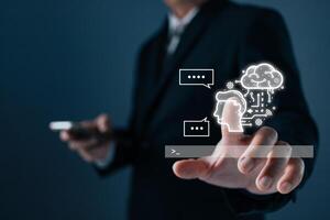 man touch command prompt ai chat. Big data storage computer tech.Digital Artificial Intelligence technology disruption concept. We are implementing storage technology support in the business photo