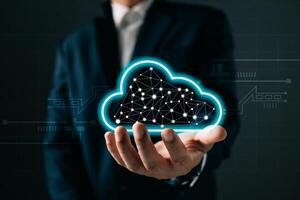 man holding icon cloud computing diagram show on hand. data center storage.cloud tech.secure backup and consistency network and internet service concept.implementing storage technology in business photo