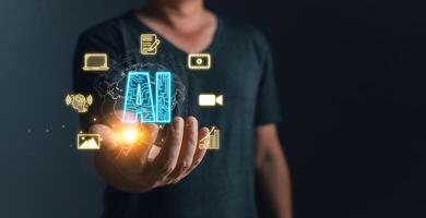 Man touch icon ai, Marketers education, research, analyze media streaming content creation and online marketing strategies to grow their digital business. Ai generates concept photo