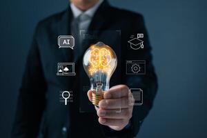 A hand holds a glowing lightbulb, symbolizing inspiration, creativity, and innovation. Represents technological success, digital transformation, and AI technology in business. photo
