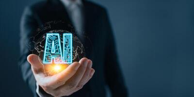 man holding ai auto chat bot. Big data center storage.Digital Artificial Intelligence technology disruption concept. We are implementing storage technology support and service in the business photo
