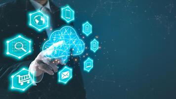 hand touch cloud computing diagram show on hand.Data storage.the use of online digital network technology in business, buying and selling commerce online digital market photo