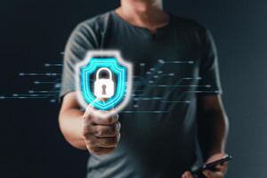 Businessmen protect personal data and information from viruses and using virtual screen interfaces, emphasizing cybersecurity, privacy protection, network security, and safe data concepts. photo