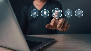 Man touch icon ai, Marketers education, research, analyze media streaming content creation and online marketing strategies to grow their digital business. Ai generate concept photo