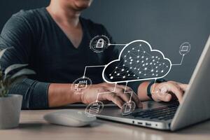 man use icon cloud computing diagram show on hand. data center storage.cloud tech.secure backup and consistency network and internet service concept.implementing storage technology in business photo