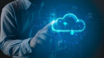 hand touch on cloud computing diagram.Data storage.the use of online digital network technology in business, online digital marketplace.Cloud tech system sharing management upload download transfer photo
