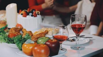 A table with food and wine on it video