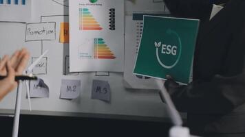 A man and woman are standing in front of a whiteboard with a green sign on it video
