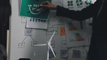 A man is pointing to a whiteboard with a green energy graph video