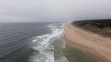 Ocean waves gently crashing on a sandy beach beside a green hill under a cloudy sky create a serene coastal scene video