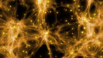 Wandering shimmering yellow particles among an evolving network of neurons. Abstract animation. video