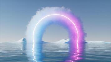 Cloud with glowing neon lines and water surface, 3d rendering. video