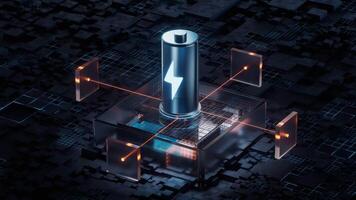 Battery with technological circuit background, 3d rendering. video