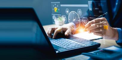 Professional Strategically Using Virtual Dashboard and Digital Pen on Laptop for Time Management, Task Organization, Business Data Analysis, Featuring Advanced Analytics and Goal Tracking Technology photo